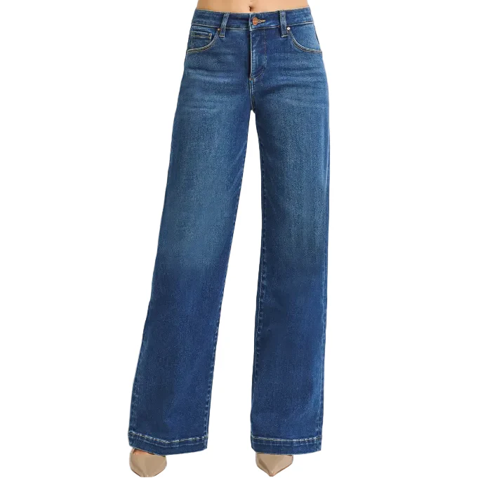 Risen Women's Tummy Control Mid Rise Wide Leg Front Jeans - Dark