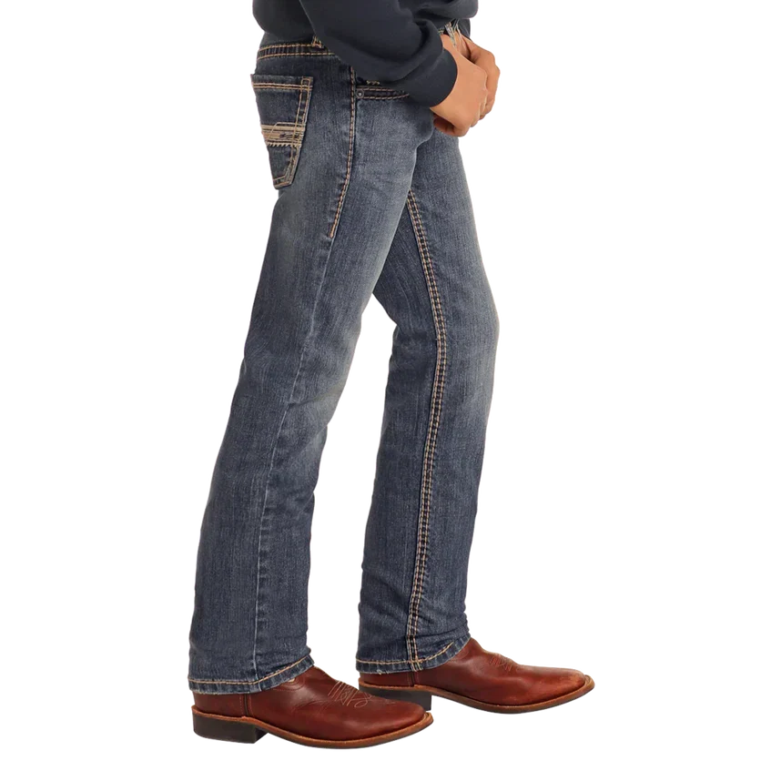 Rock & Roll Boy's Slim Fit Ivory Leather Emblem Revolver Straight Leg Jeans -  Medium Wash - Image 3