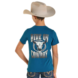 Rock & Roll Boy's Longhorn Skull Graphic Short Sleeve Tee - Teal