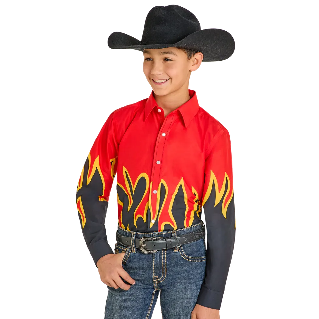 Rock & Roll Boy's Modern Vintage Flame Long Sleeve Snap Shirt - Black