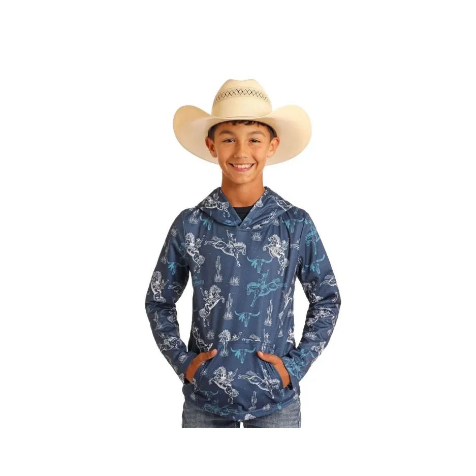 Rock & Roll Boy's Performance Printed Hoodie- Navy