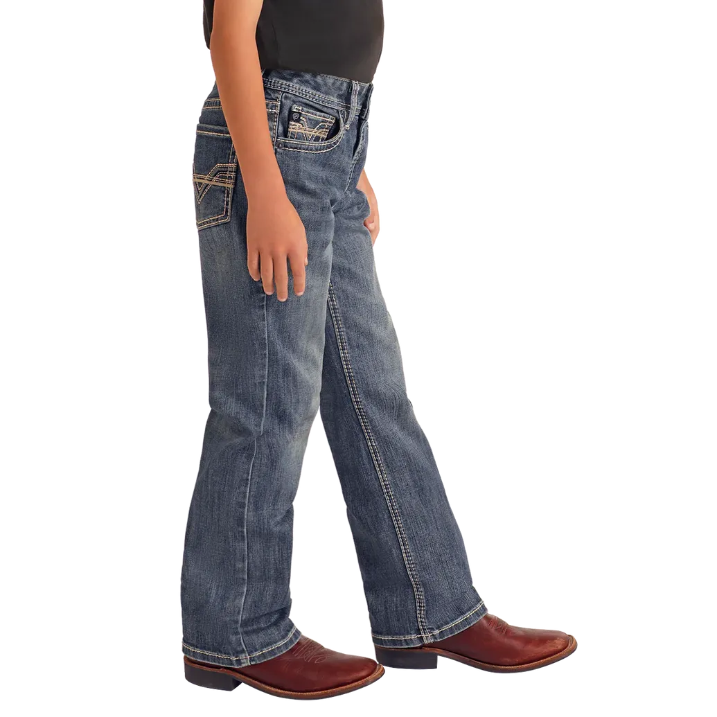 Rock & Roll Boy's Regular Fit Raised Denim Embroidered Bootcut Jeans- Medium Wash - Image 3