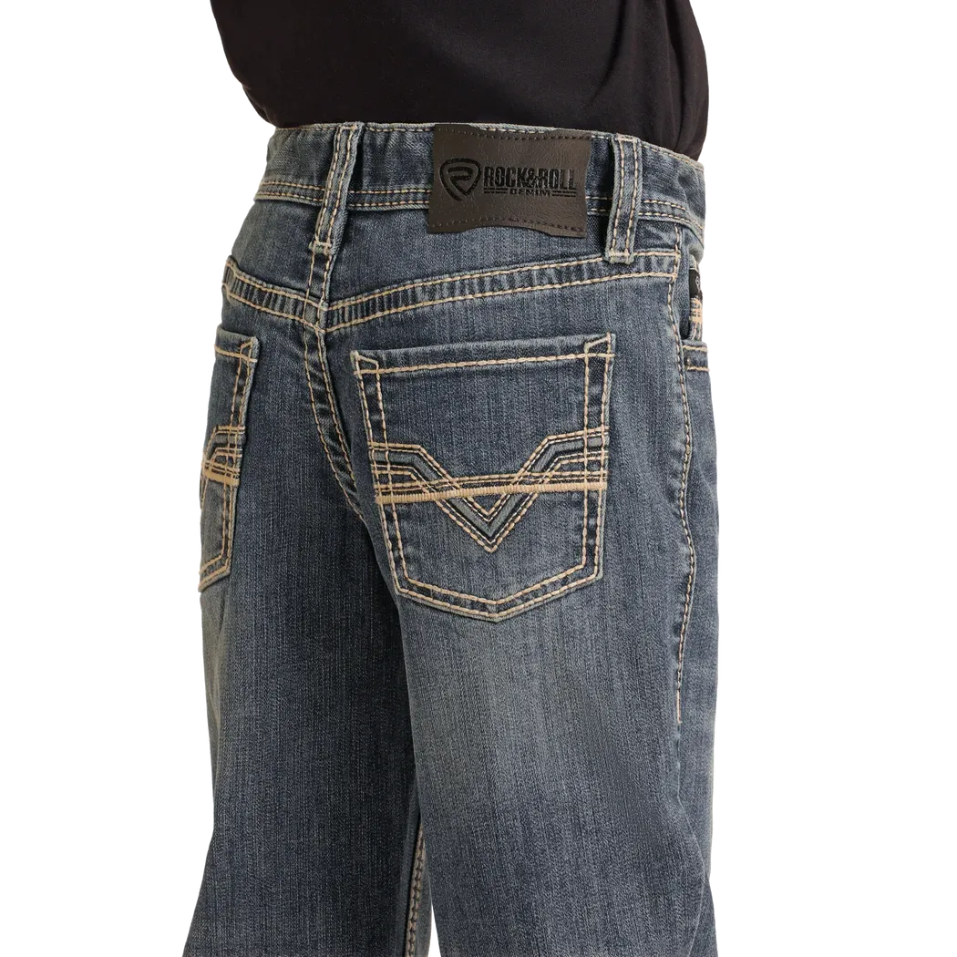 Rock & Roll Boy's Regular Fit Raised Denim Embroidered Bootcut Jeans- Medium Wash - Image 4