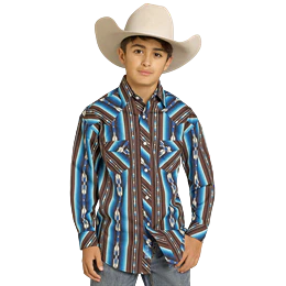 Rock & Roll Boy's Stripe Printed Long Sleeve Snap Shirt - Teal