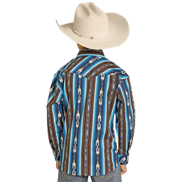 Rock & Roll Boy's Stripe Printed Long Sleeve Snap Shirt - Teal - Image 2