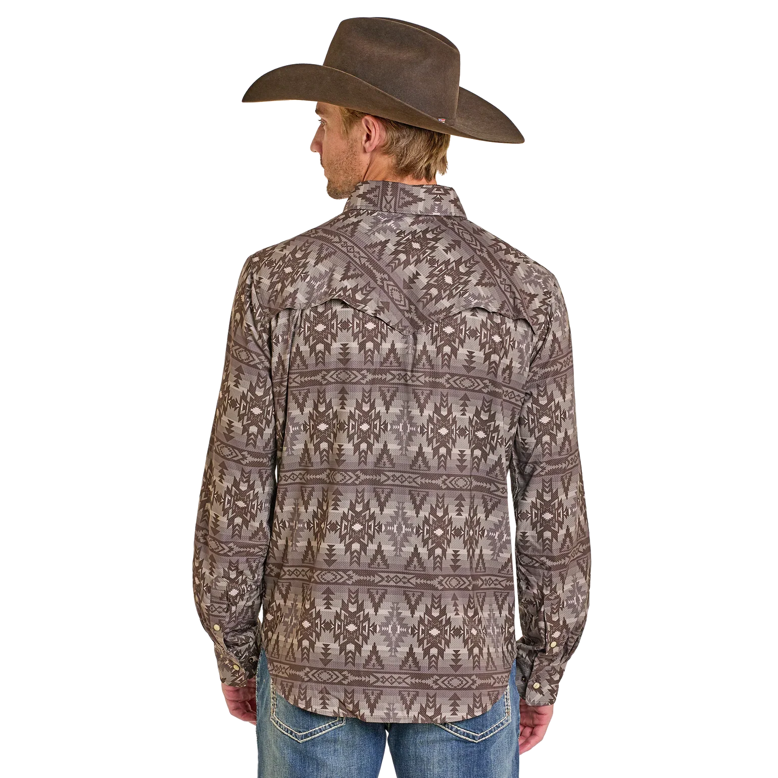 Rock & Roll Boy's Tek Aztec Print Long Sleeve Snap Shirt - Chocolate