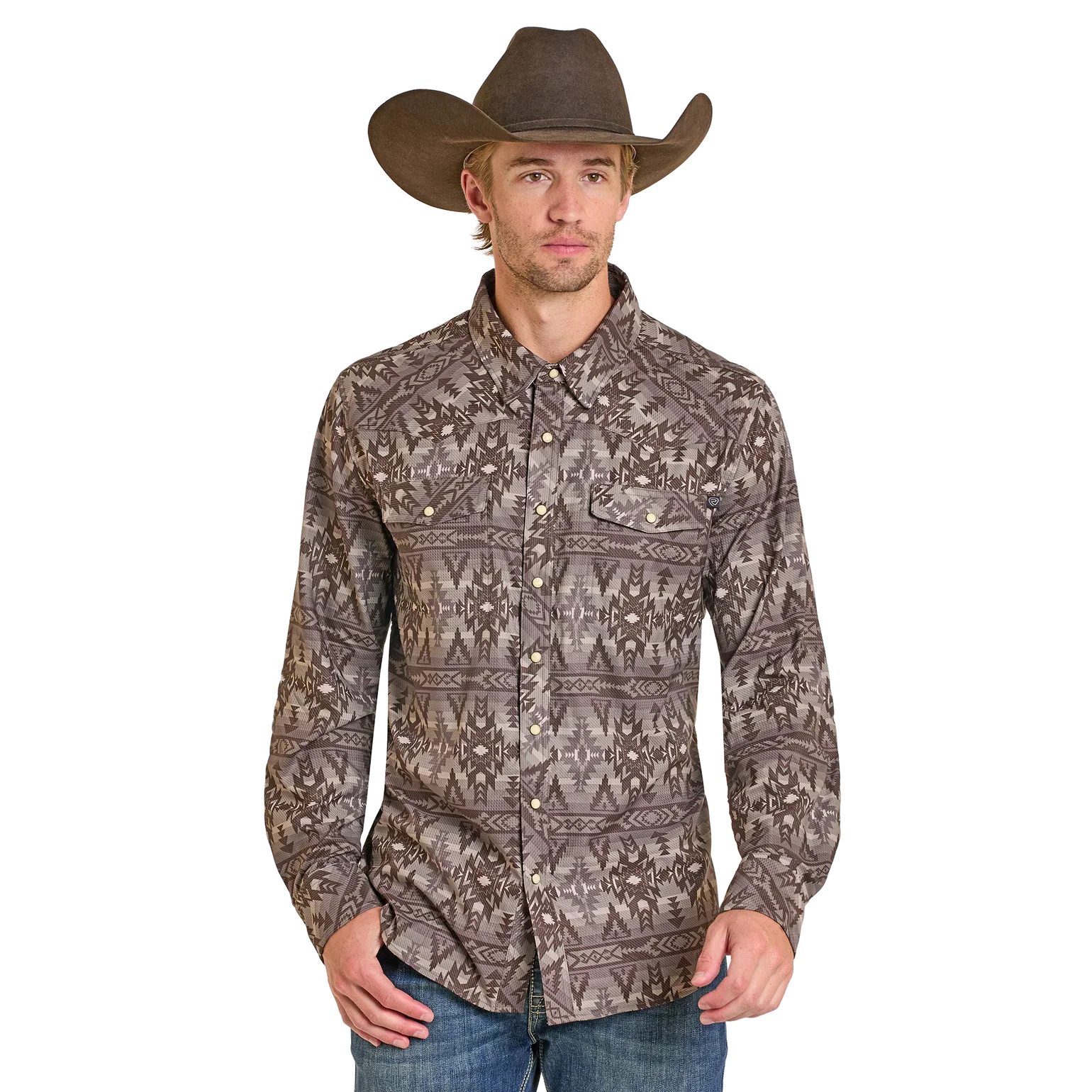 Rock & Roll Boy's Tek Aztec Print Long Sleeve Snap Shirt - Chocolate - Image 3