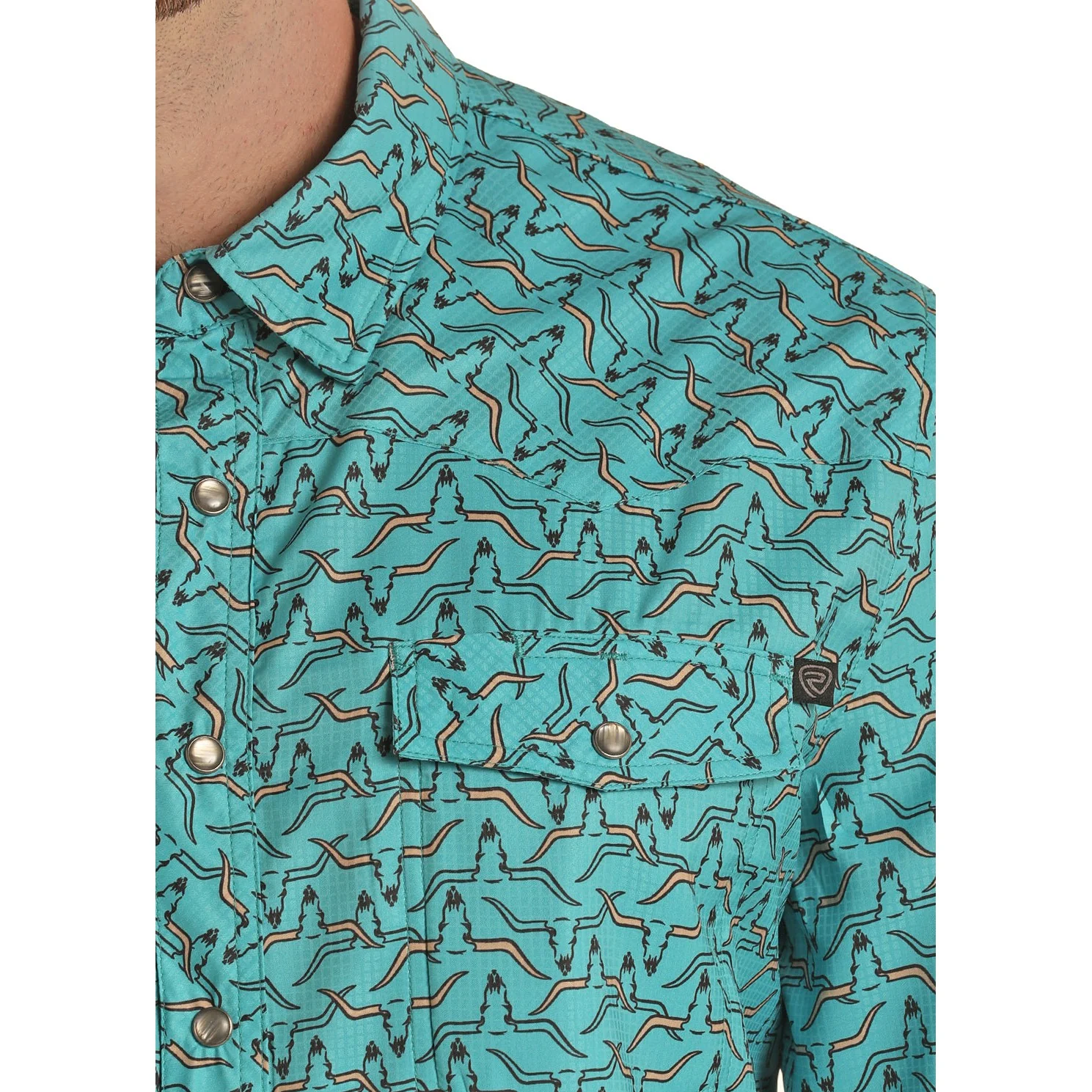Rock & Roll Men's Tek Long Sleeve 2 Pocket Longhorn Snap Shirt - Teal - Image 2