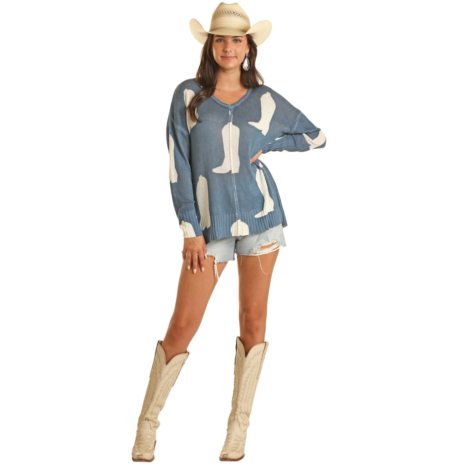 Rock & Roll Women's Cowboy Boot Baja Sweater - Blue - Image 2