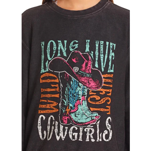 Rock & Roll Girl's Graphic Long Live Cowgirls Long Sleeve Pullover - Black - Image 2