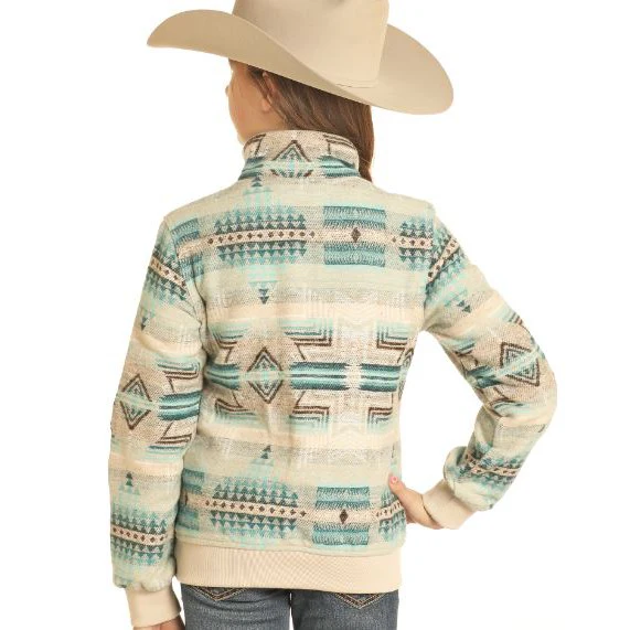 Rock & Roll Girl's Henley Aztec Jacquard Pullover- Tan - Image 2