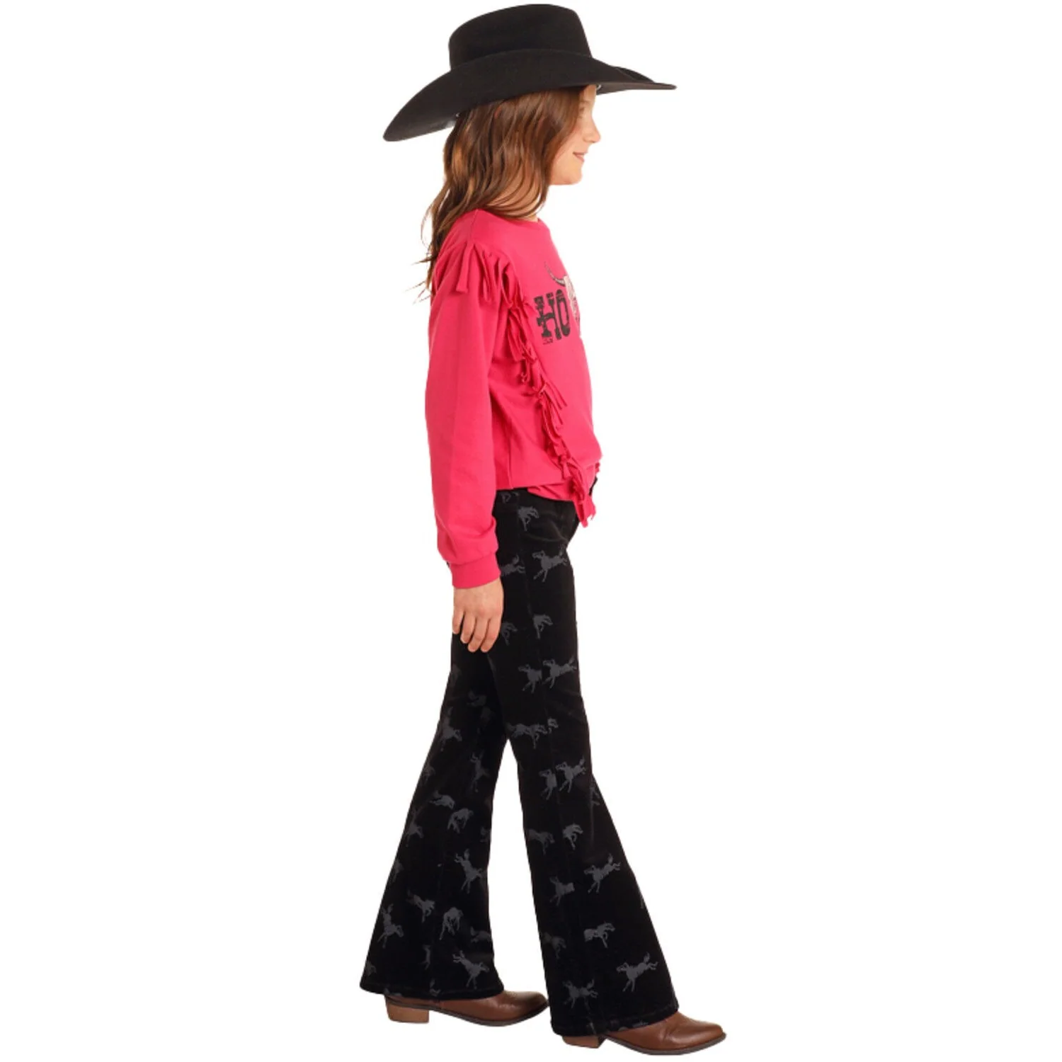 Rock & Roll Girl's Horse Print Corduroy Flare Pant - Black
