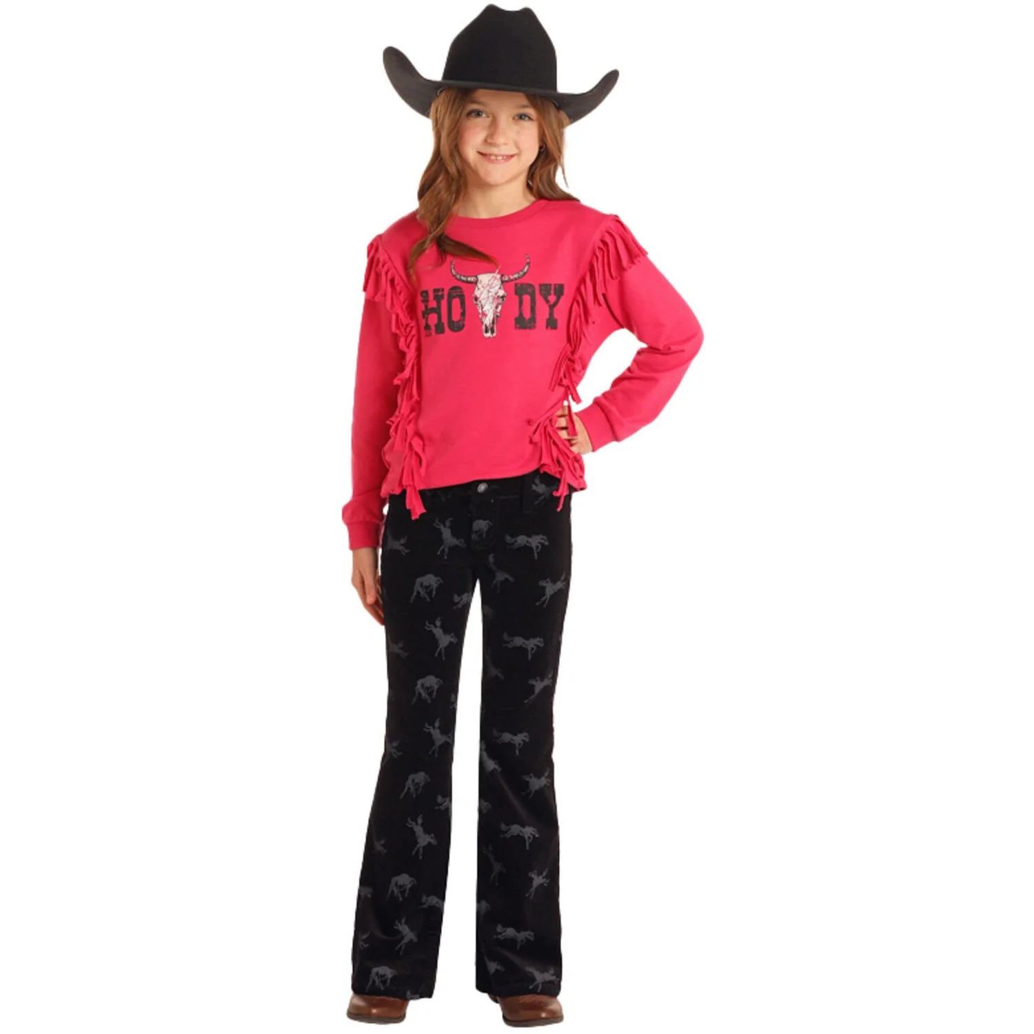 Rock & Roll Girl's Horse Print Corduroy Flare Pant - Black - Image 3