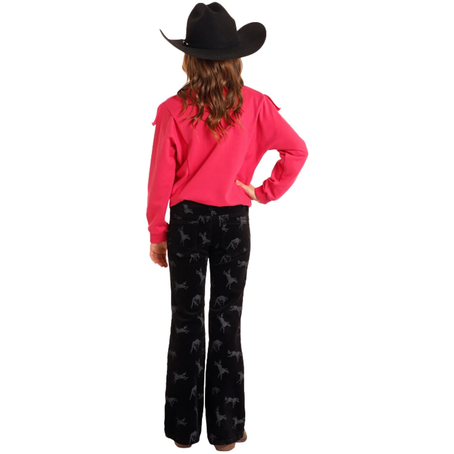 Rock & Roll Girl's Horse Print Corduroy Flare Pant - Black - Image 4
