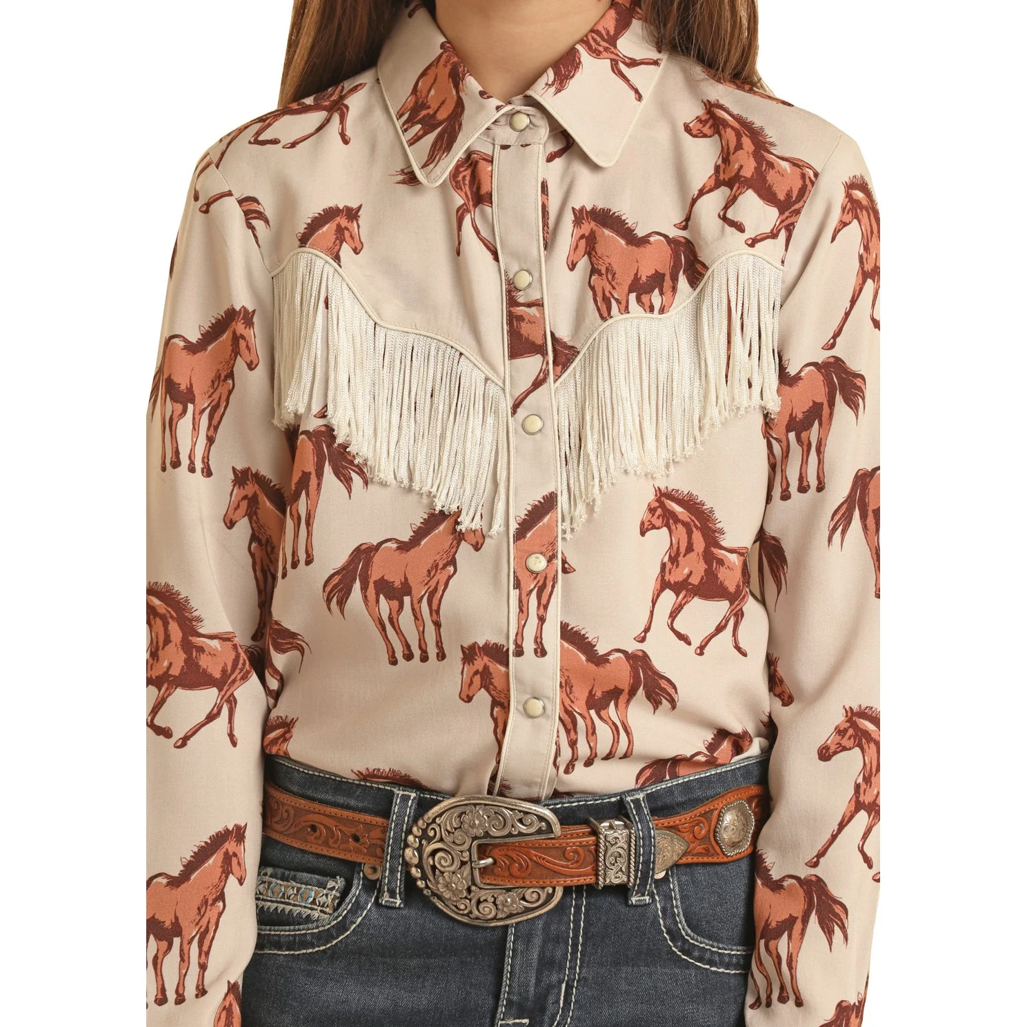 Rock & Roll Girl's Horse Print Snap Long Sleeve Shirt - Natural - Image 2