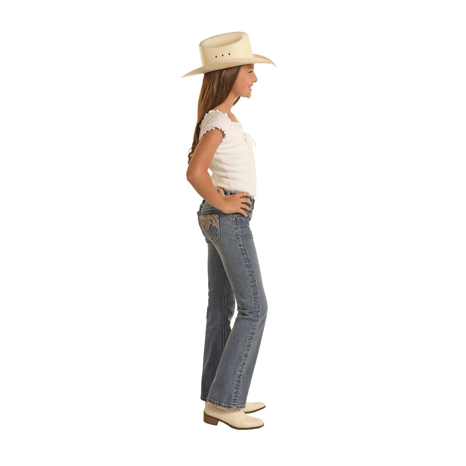 Rock & Roll Girl's Ivory Leather Embroidered Mid Rise Bootcut Jeans - Medium Vintage - Image 2