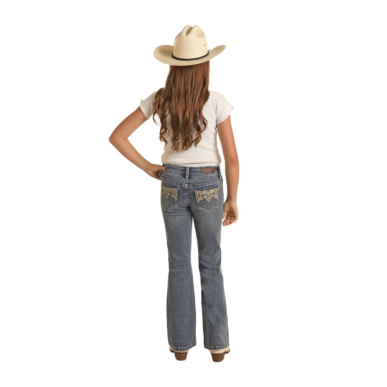 Rock & Roll Girl's Ivory Leather Embroidered Mid Rise Bootcut Jeans - Medium Vintage - Image 3