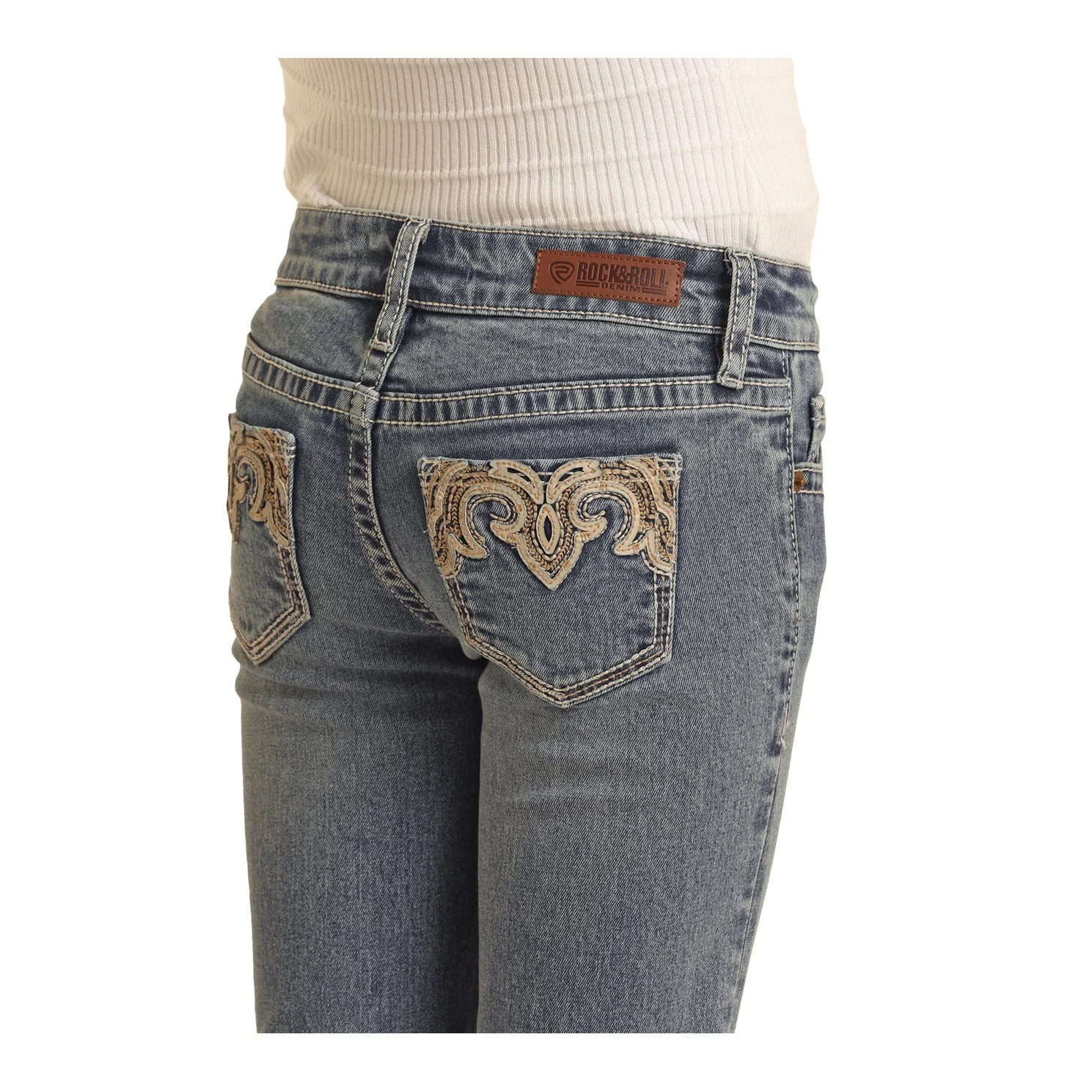 Rock & Roll Girl's Ivory Leather Embroidered Mid Rise Bootcut Jeans - Medium Vintage - Image 4
