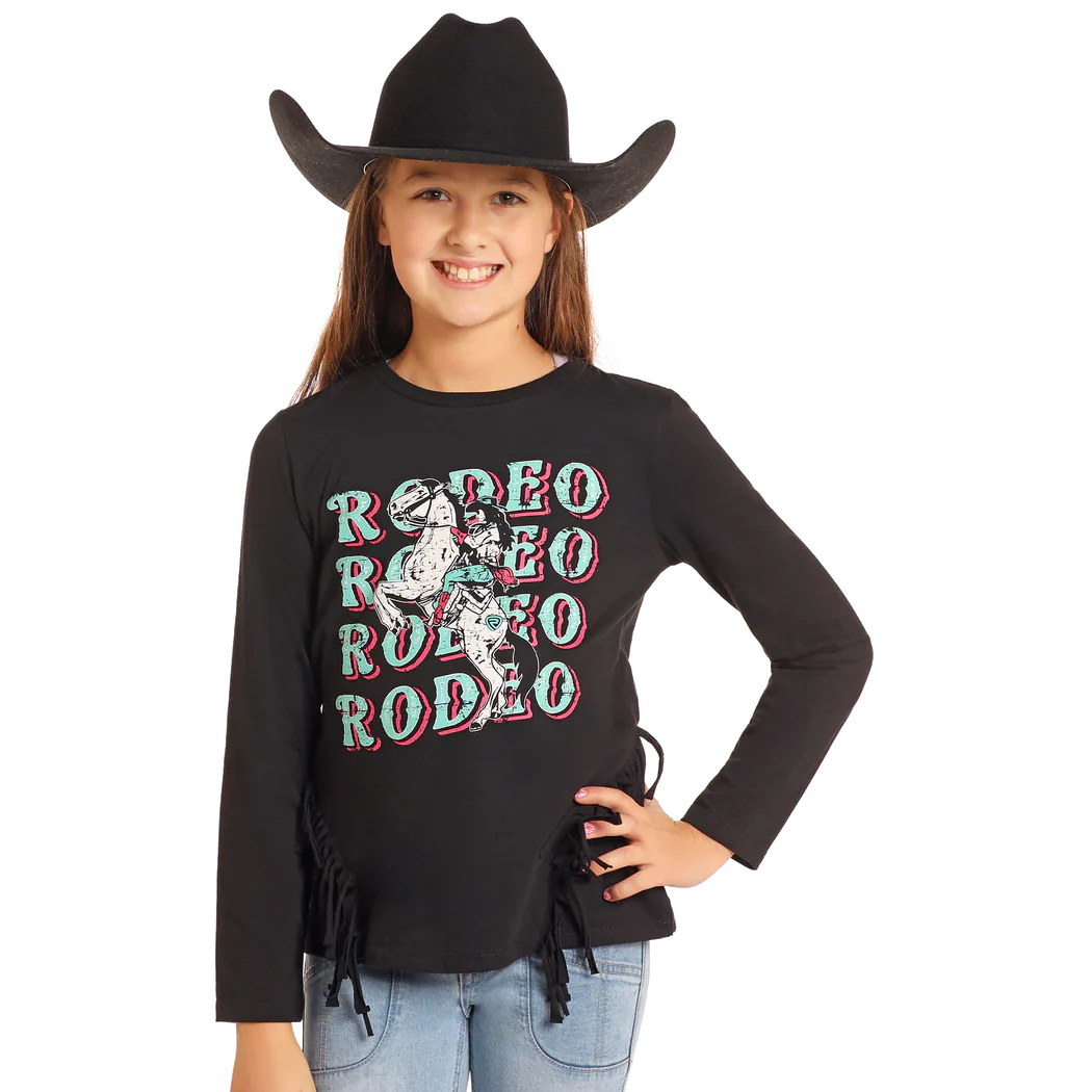 Rock & Roll  Girl's Long Sleeve Graphic Shirt with Fringe - Black