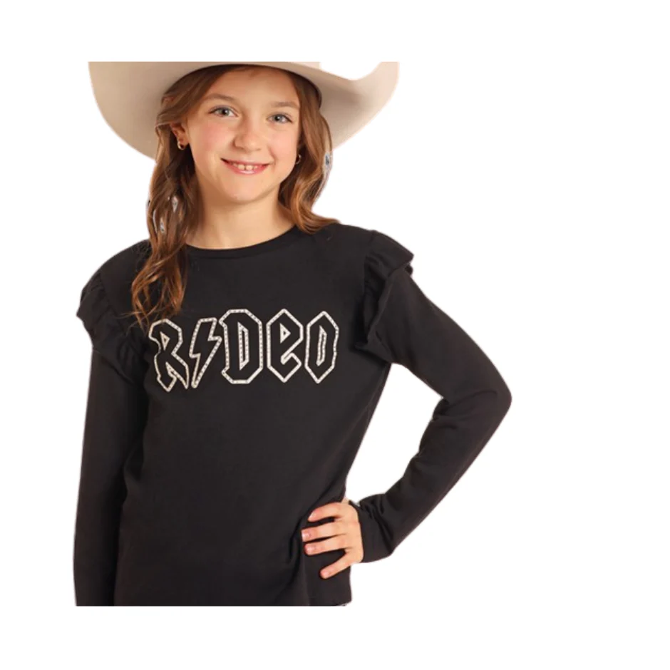 Rock & Roll  Girl's Long Sleeve Graphic Shirt with Ruffles - Black