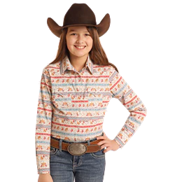 Rock & Roll Girl's Long Sleeve Print Snap Shirt- Light Turquoise