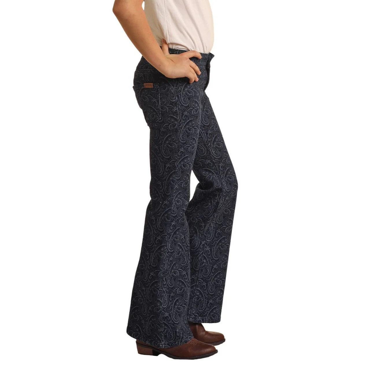 Rock & Roll Girl's Paisley Print Flare Jeans - Dark Wash - Image 3