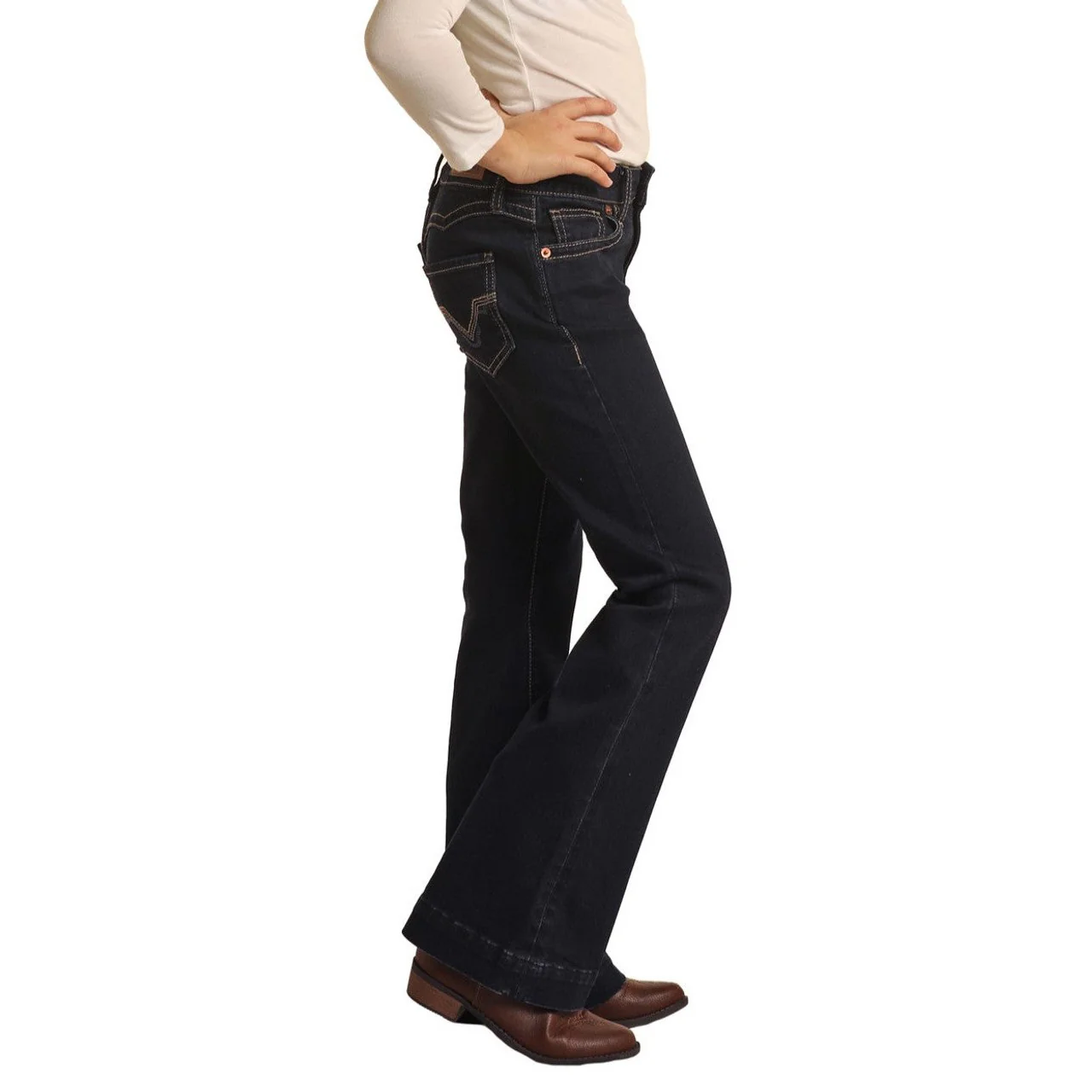 Rock & Roll Girl's Mid Rise Stretch Scallop Back Yoke Trouser Jeans - Dark Wash - Image 3