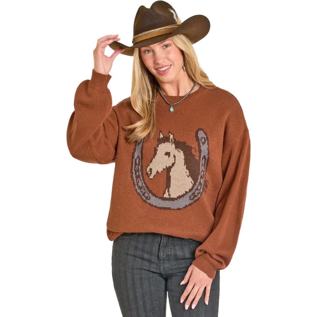 Rock & Roll Horse & Horseshoe Sweater- Burnt Orange