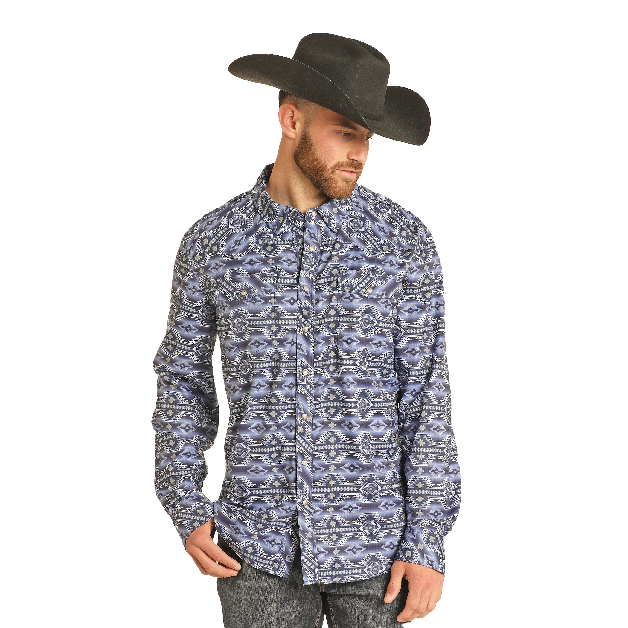 Rock & Roll Men's 2 Pocket Trek Long Sleeve Snap Shirt - Blue
