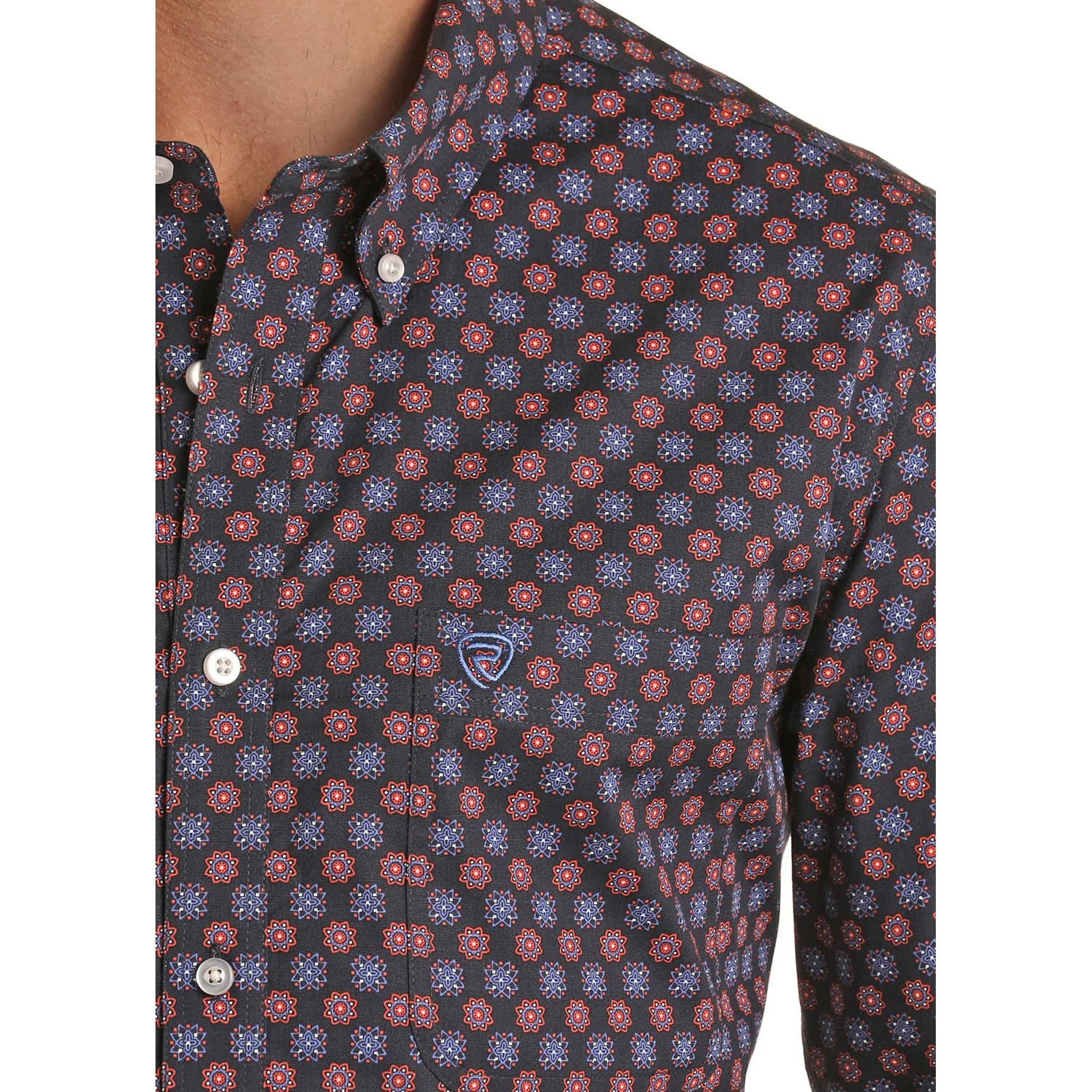Rock & Roll Men's Long Sleeve 1 Pocket Ditzy Geometric Button Down Shirt - Blue - Image 2