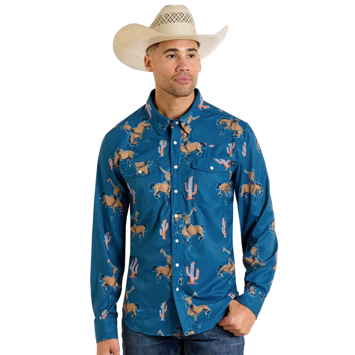 Rock & Roll Men's Long Sleeve Bronco Print Tek Western Snap Shirt- Teal