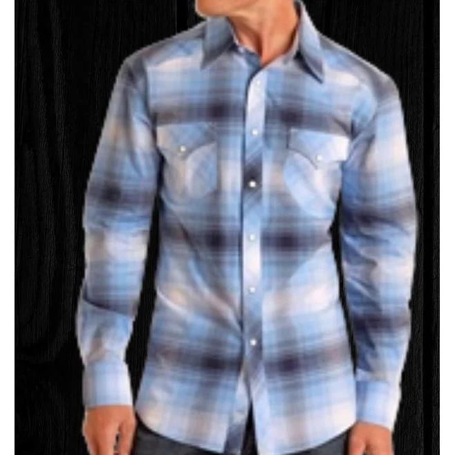 Rock & Roll Men's Long Sleeve Plaid Dobby Snap Shirt- Bright Turquoise