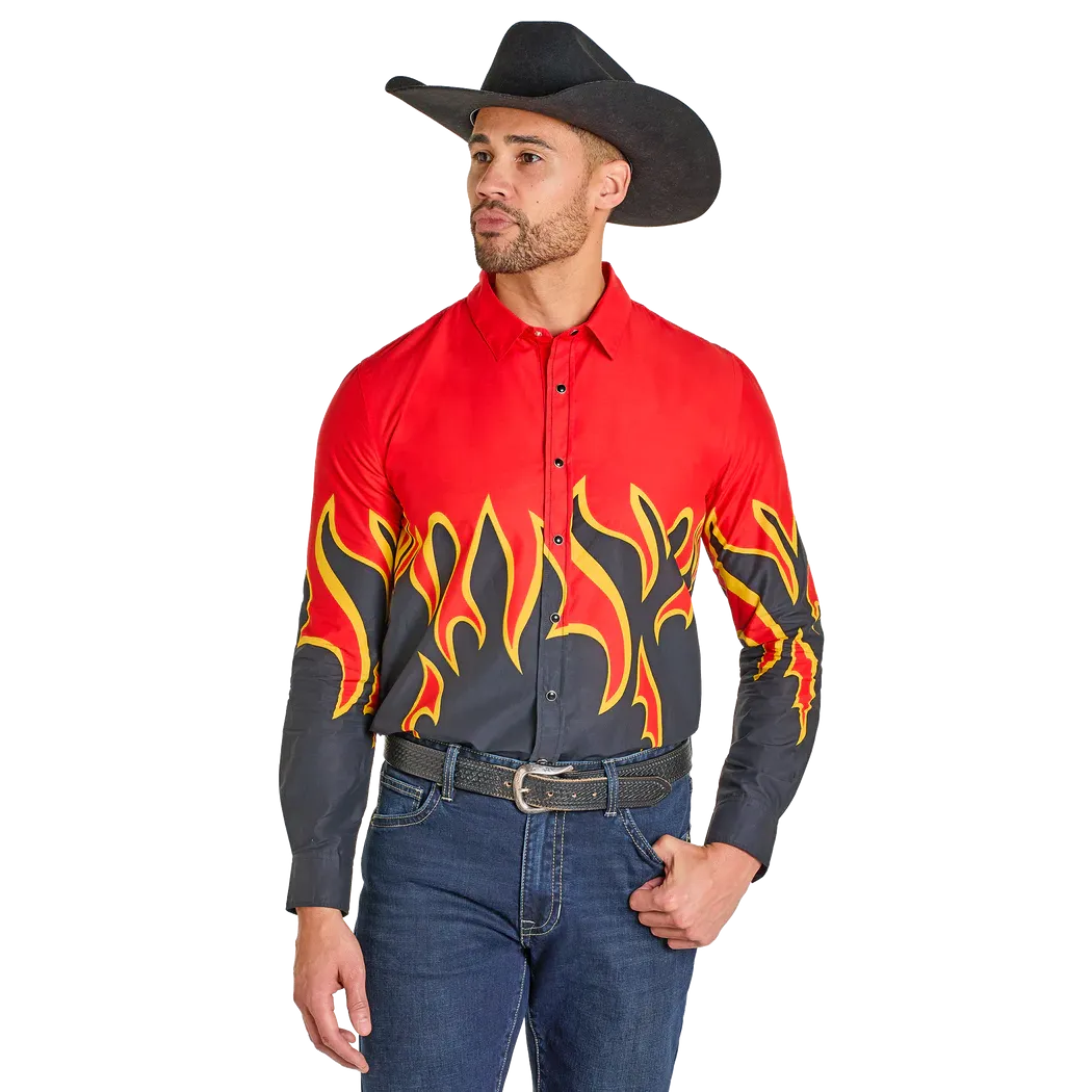 Rock & Roll Men's Modern Vintage Flame Long Sleeve Snap Shirt - Red