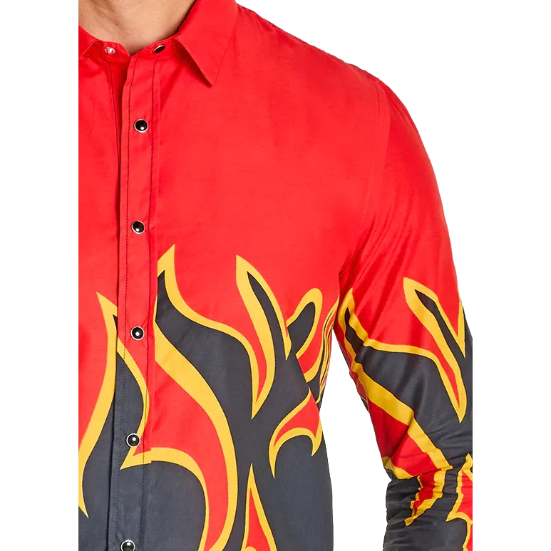 Rock & Roll Men's Modern Vintage Flame Long Sleeve Snap Shirt - Red - Image 2