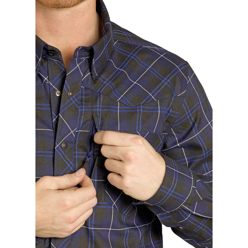 Rock & Roll Men's Tek Western Brushed Plaid Flannel Long Sleeve Shirt - Navy - Image 3