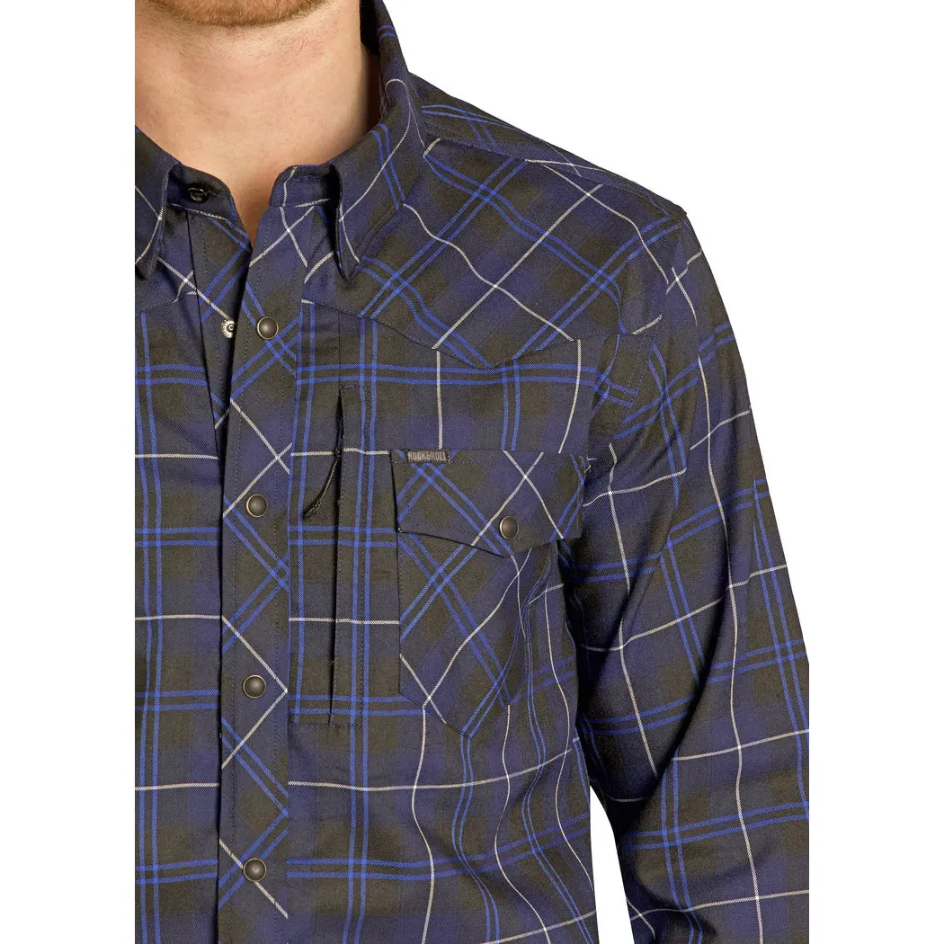 Rock & Roll Men's Tek Western Brushed Plaid Flannel Long Sleeve Shirt - Navy - Image 4