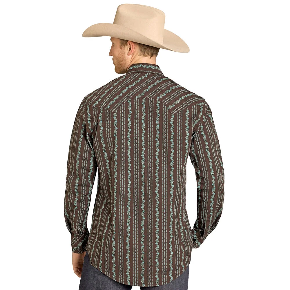 Rock & Roll Men's Wallpaper Printed Long Sleeve Snap Shirt - Brown/Sage/Teal - Image 2