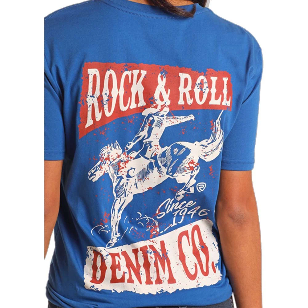 Rock & Roll Unisex Bucking Bronc Graphic Short Sleeve Tee Shirt-Blue - Image 2