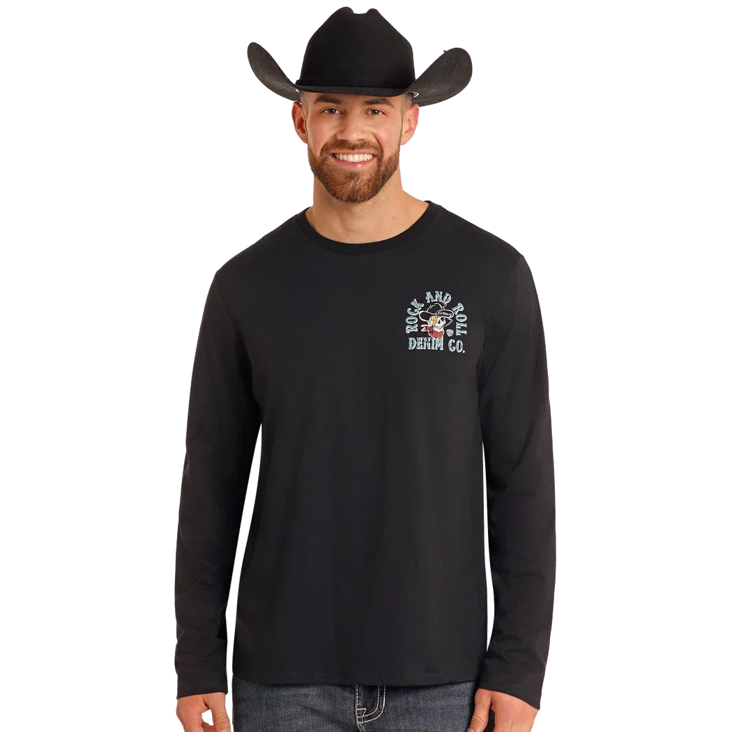 Rock & Roll Unisex Cowboy Skull Long Sleeve Tee Shirt- Black