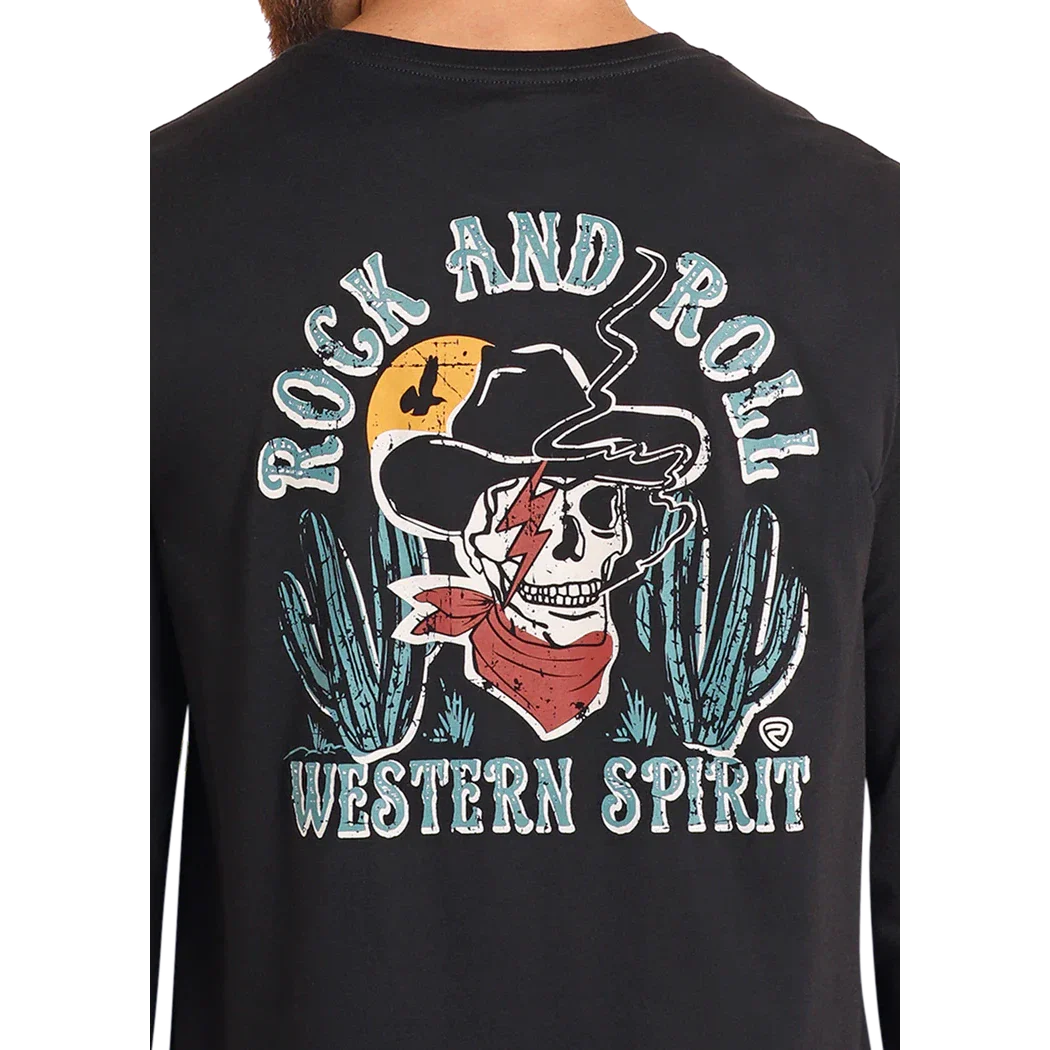 Rock & Roll Unisex Cowboy Skull Long Sleeve Tee Shirt- Black - Image 2