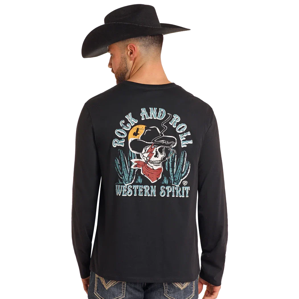 Rock & Roll Unisex Cowboy Skull Long Sleeve Tee Shirt- Black - Image 3