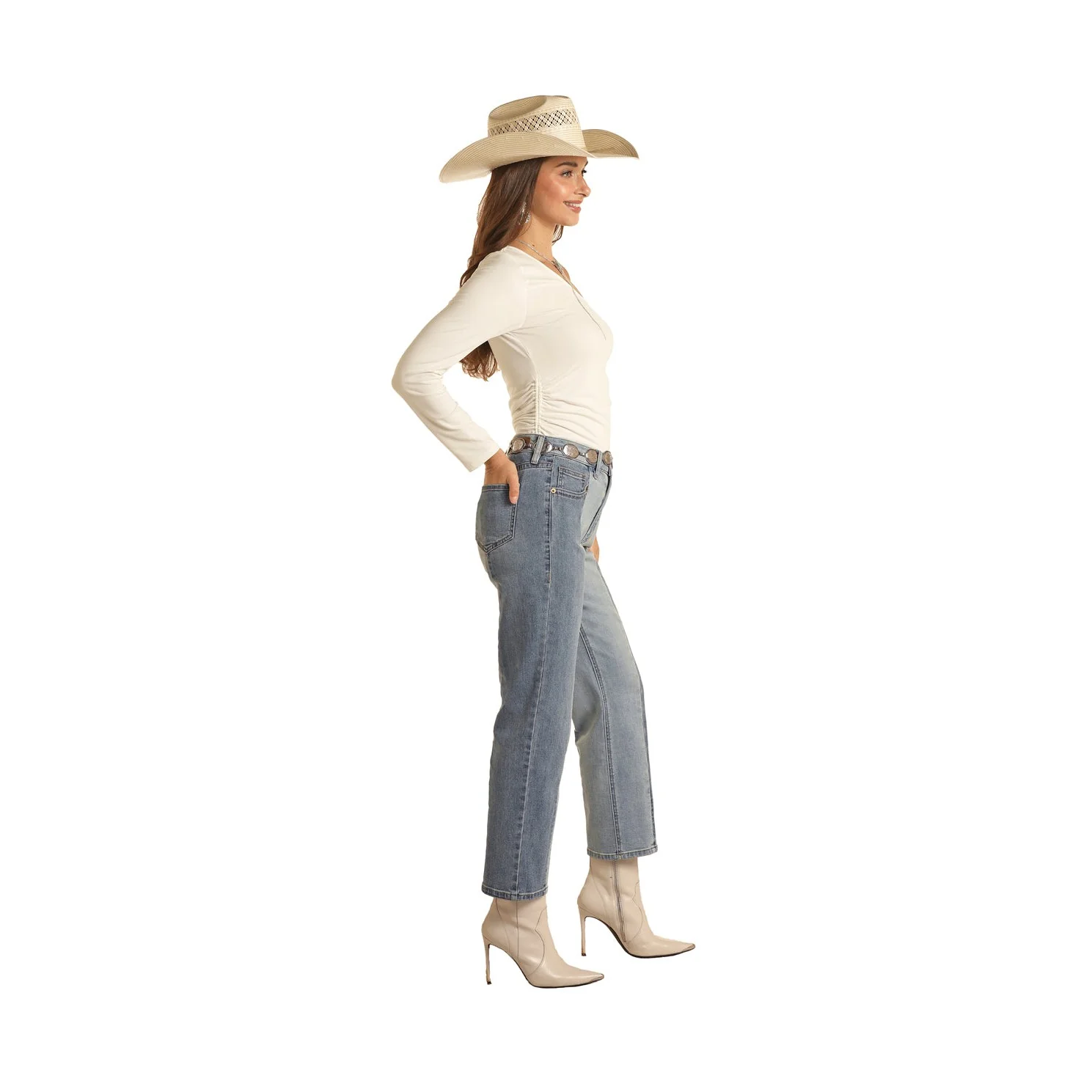 Rock & Roll Women's 2-Tone Crop Jeans - Light Wash - Image 3