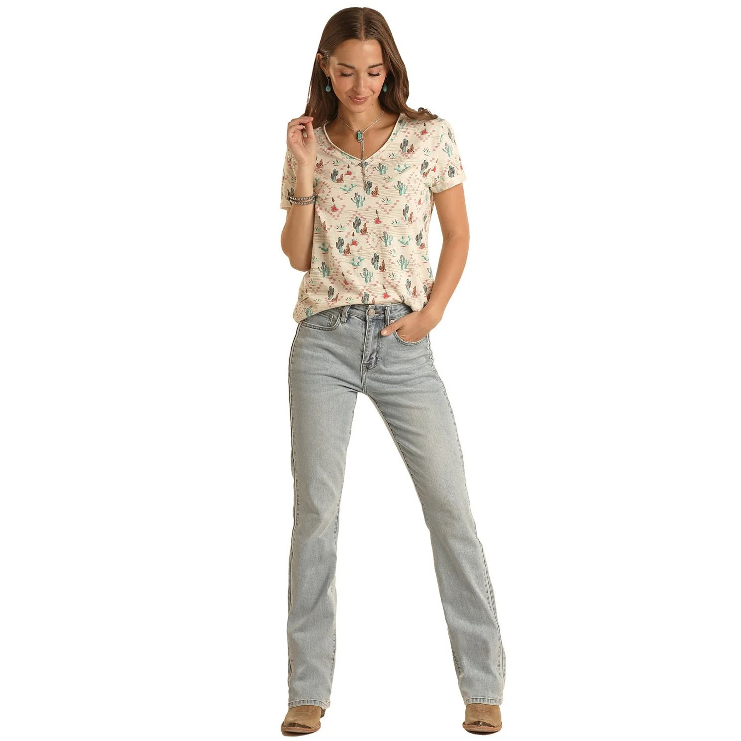 White Label Women's All Over Print Roll Sleeve Tee - Cream - Image 2