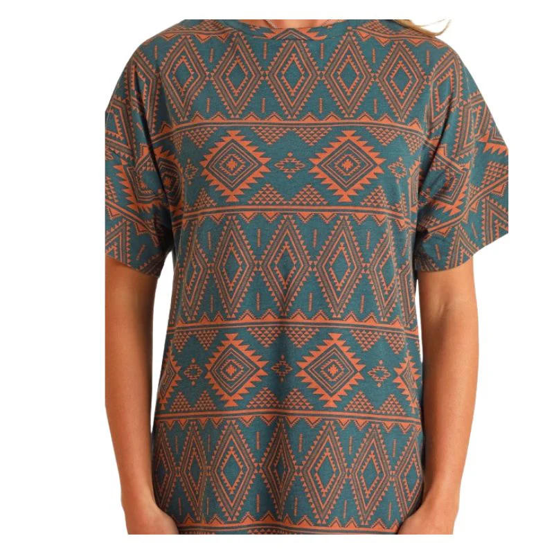 Rock & Roll Women's Aztec Printed Tee Shirt Dress- Teal - Image 2