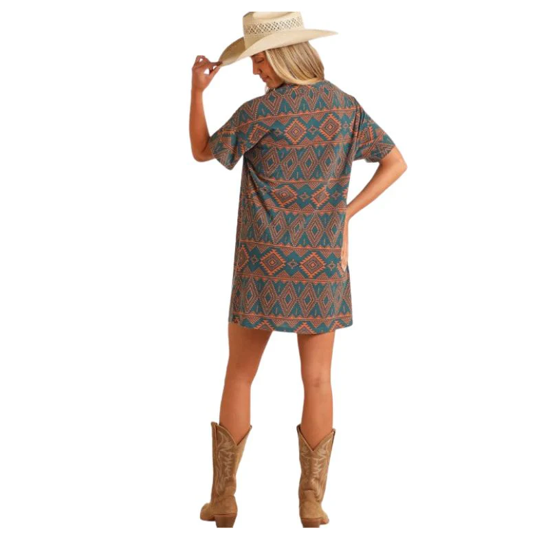 Rock & Roll Women's Aztec Printed Tee Shirt Dress- Teal - Image 3