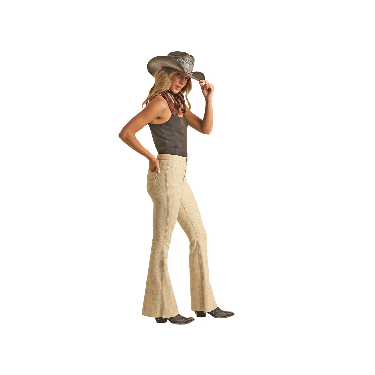 Rock & Roll Women's Boot Stitch Button Flare Jeans - Natural - Image 3