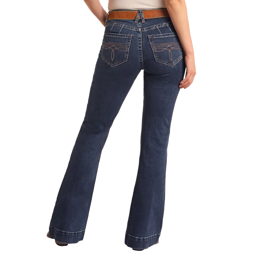 Rock & Roll Women's Boot Stitch Midrise Trousers- Dark Wash - Image 2