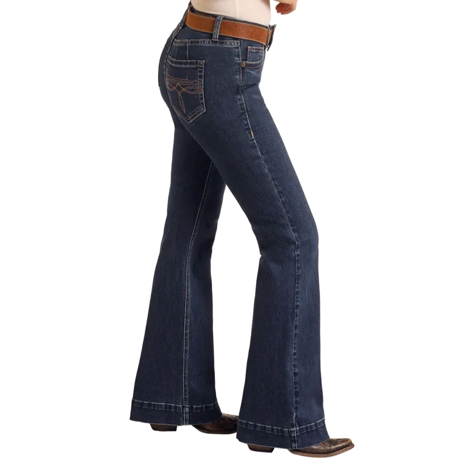 Rock & Roll Women's Boot Stitch Midrise Trousers- Dark Wash - Image 3