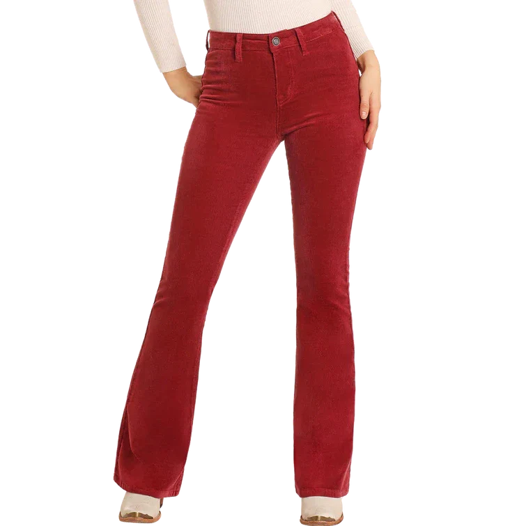 Rock & Roll Women's Maroon Corduroy Button Flare Jeans - Red - Image 2
