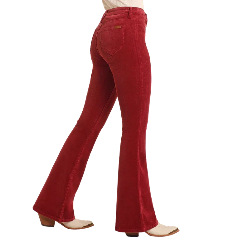 Rock & Roll Women's Maroon Corduroy Button Flare Jeans - Red - Image 3